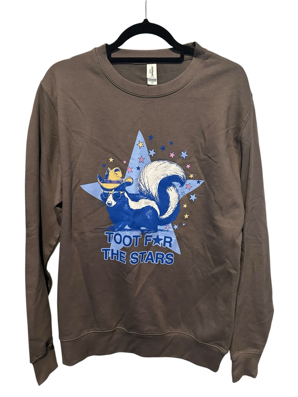 Grey Graphic Crewneck Sweatshirt with Skunk Star Print “Toot For The Stars”